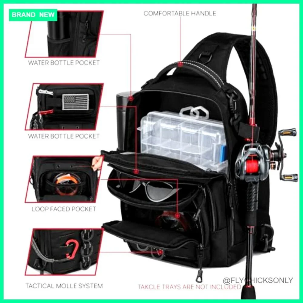 Fishing Sling Backpack with Rod Holder, MOLLE System, Water Resistant